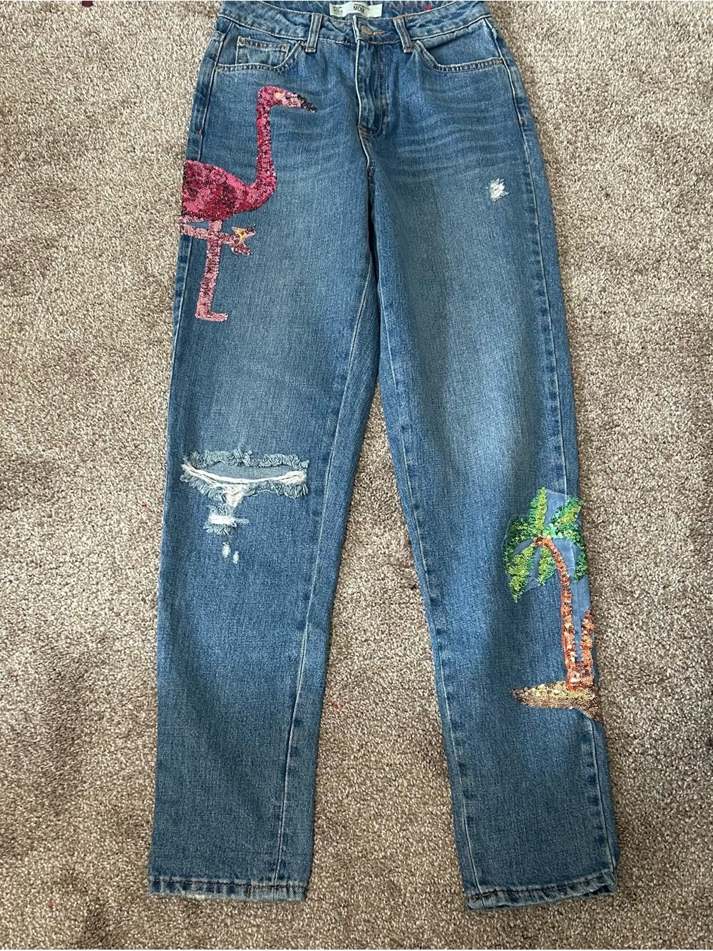 Topshop Blue Straight-Leg Jeans with Pink Sequin Flamingo & Green Palm